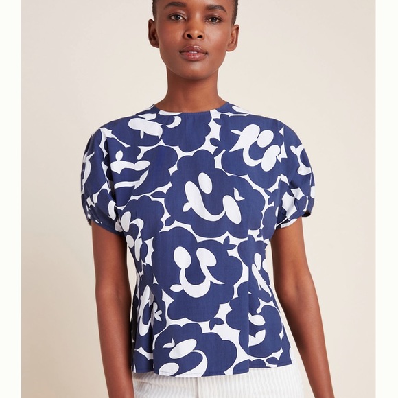 Anthropologie Tops - Anthropologie Womens Mignon Doo Angie Floral Print Poplin Top Blue XS
